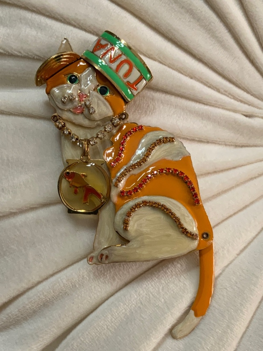 Whimsical Orange & Cream Cat Brooch with Gold Accents